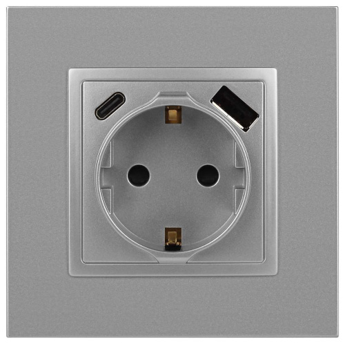 Розетка ЭРА Elegance 14-4108-03 2P+E 16A-250В со шторками с USB type-A+C 5В-3А алюминий Б0067741 фото 4