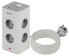 Сетевой фильтр ЭРА TWR-8es-1,5m-4USB-W башня с защитой заземлением с выключателем 8 розеток+4xUSBA+C 1,5м 16А белый Б0069071