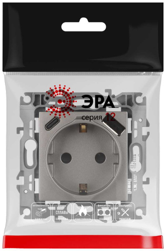 Розетка ЭРА Серия 12 12-4108-16 2P+E 16A-250В со шторками с USB type-A+C 5В-3А титан Б0067762 фото 5