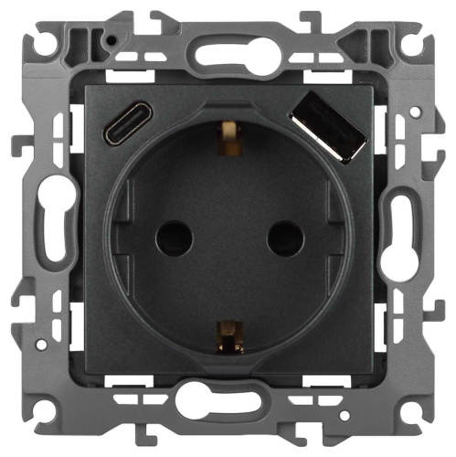 Розетка ЭРА Серия 12 12-4108-12 2P+E 16A-250В со шторками с USB type-A+C 5В-3А графит Б0067700