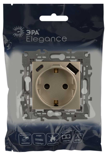 Розетка ЭРА Elegance 14-4108-04 2P+E 16A-250В со шторками с USB type-A+C 5В-3А шампань Б0067740 фото 6