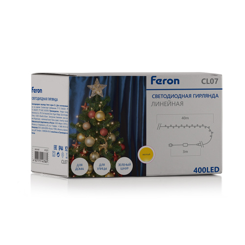 Светодиодная гирлянда Feron CL07 линейная, статичная, 40м + 3м 230V желтый c питанием от сети, зеленый шнур фото 7