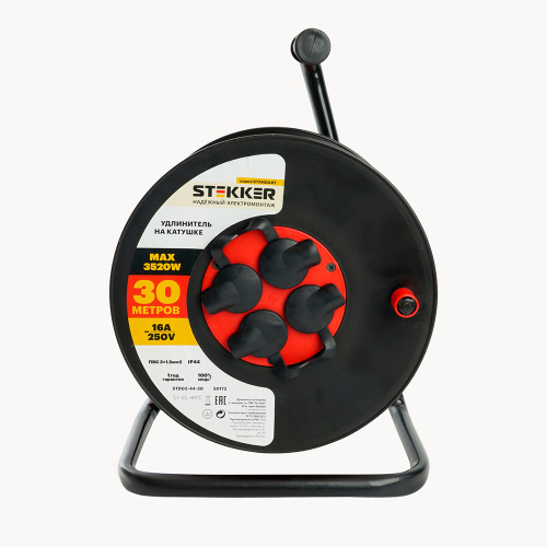 Удлинитель на катушке Stekker STD03-44-30 Standart 4-местный с/з ПВС 3*1,5, оранжевый, 16А, IP44, 30м (80102) фото 2