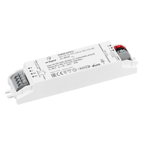 Блок питания ARJ-SP-36-PFC-DALI2-NFC-PD-WR (36W, 3-50V, 0.15-0.9A) Arlight 050107 Блок питания ARJ-SP-36-PFC-DALI2-NFC-PD-WR (36W, 3-50V, 0.15-0.9A) Arlight 050107