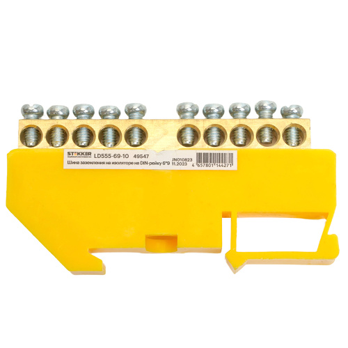 Шина"PE" на изоляторе STEKKER 6*9 на DIN-рейку 10 выводов, желтый, LD555-69-10 фото 3