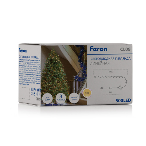 Светодиодная гирлянда Кластер Feron CL09 линейная 10м + 2м 230V 2700К, c питанием от сети, зеленый шнур фото 2