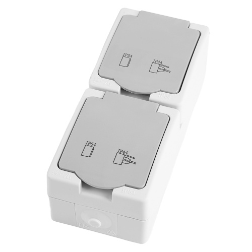 Розетка 2-местная с крышкой с/з STEKKER PST16-22-54V, пластик АВS, 250В, 16А, IP54,  белый/серый фото 2