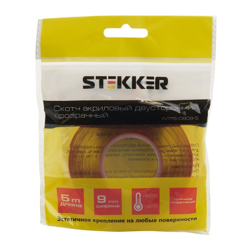 Скотч акриловый двусторонний STEKKER INTP5-0809-5 0,8*9 мм,длина 5м, прозрачный , красная подложка фото 2