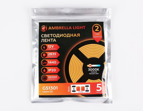 Светодиодная лента Ambrella Light 14,4W/m 180LED/m 2835SMD теплый белый 5M GS1301 фото 6