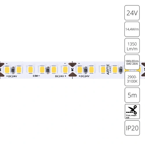 Светодиодная лента 24V 14,4W/m 3000К 5м Arte Lamp TAPE A2418008-01-3K