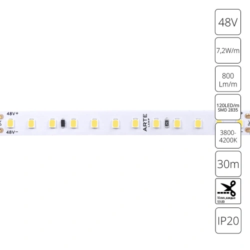 Светодиодная лента 48V 7,2W/m 4000К 30м Arte Lamp TAPE A4812010-04-4K Светодиодная лента 48V 7,2W/m 4000К 30м Arte Lamp TAPE A4812010-04-4K