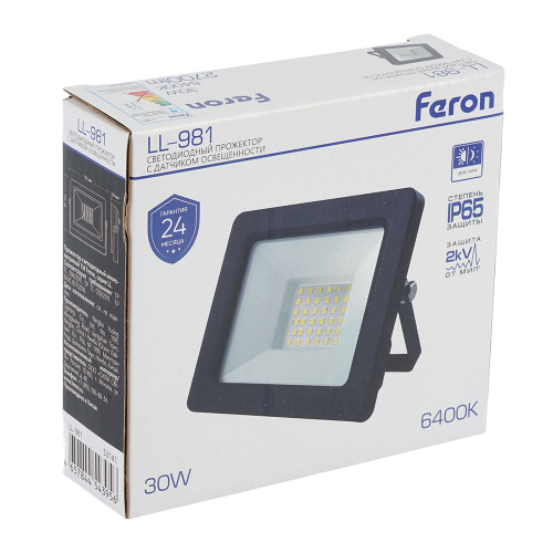 Светодиодный прожектор FERON с датчиком освещенности LL-981 IP65 30W 6400K черный фото 7 Светодиодный прожектор FERON с датчиком освещенности LL-981 IP65 30W 6400K черный фото 7