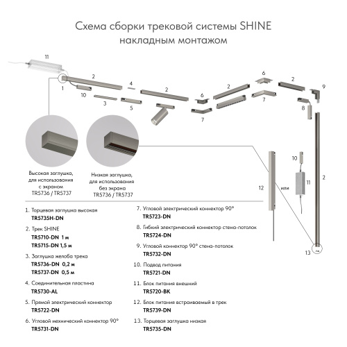 TR5724-DN Электрический коннектор для трека SHINE BASE 90° стена-потолок с поворотом трека под произвольным углом, темный никель, алюминий фото 3