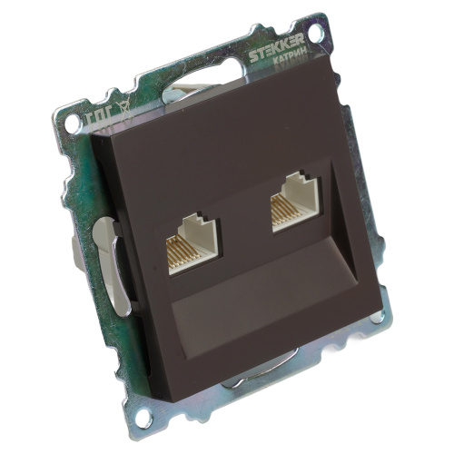 Розетка компьютерная 2-местная RJ-45 (механизм) STEKKER GLS00-7109-04, серия Катрин, шоколад фото 3