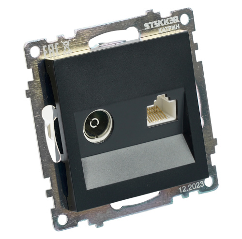 Розетка TV + компьютерная RJ-45 (механизм), STEKKER GLS00-7106-05, серия Катрин, черный фото 6