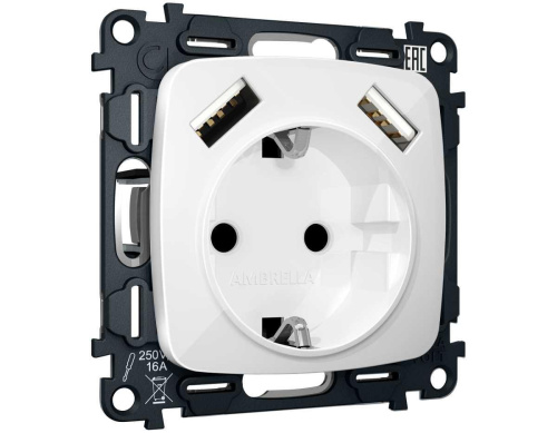 Комплект механизма электрической розетки Ambrella Volt OMEGA Белый глянец 2USB A+A 18W (быстрая зарядка) с/з QUANT (OP1090, VM155) MO109010