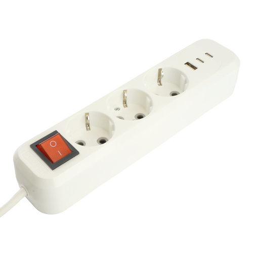 Удлинитель 3-местный с/з с выключ. STEKKER HM071-31-05 3x1мм2, 5м, 250В, 16А, 1USB+2C, 2.4A, сер Home, белый фото 3