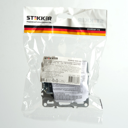 Выключатель 1-клавишный c индикатором (механизм), STEKKER, PSW10-9101-03, 250В, 10А, серия Эрна, черный фото 5