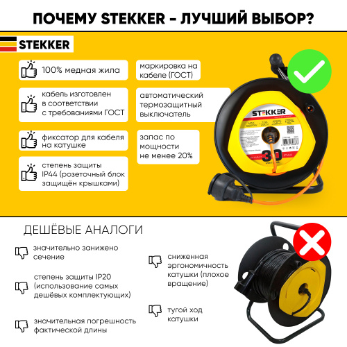 Удлинитель на пластиковой катушке Stekker STD02-11-30 (UG), 30м, 1гнездо с/з 3*1, оранжевый, серия Standart фото 2