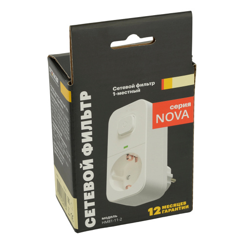 Сетевой фильтр 1-местный с/з STEKKER 250В, 16А, с выключателем, серия Nova, HM81-11-2, белый фото 7