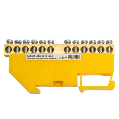 Шина"PE" на изоляторе STEKKER 6*9 на DIN-рейку 12 выводов, желтый, LD555-69-12 фото 3