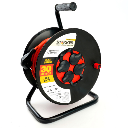 Удлинитель на катушке Stekker STD03-44-30 Standart 4-местный с/з ПВС 3*1,5, оранжевый, 16А, IP44, 30м (80102)