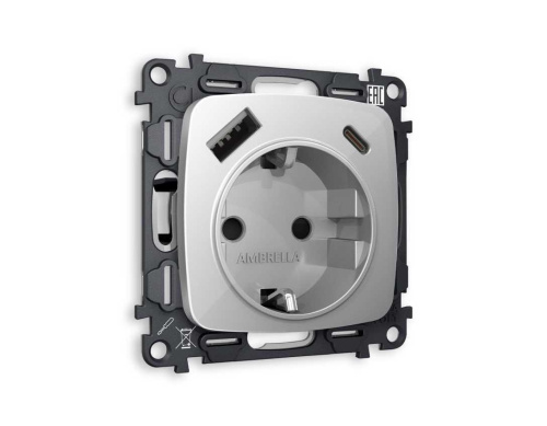 Комплект механизма электрической розетки AMBRELLA VOLT OMEGA Серебро глянец 2USB A+C 20W (быстрая зарядка) с/з QUANT (OP4100, VM160) MO410010