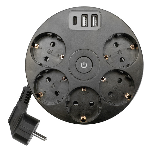 HM10-51-01 Удлинитель 5-местный с/з, 3x1мм2, 2.5м, 250В, 16А, 2USB+С 5V 3,1А, серия Comfort, черный фото 4