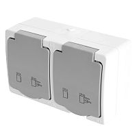 Розетка 2-местная с крышкой с/з STEKKER PST16-22-54, пластик АВS, 250В, 16А, IP54,  белый/серый