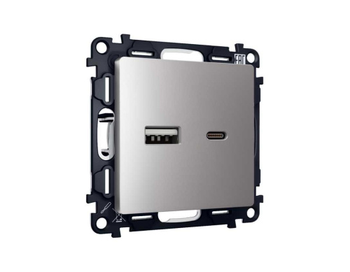Комплект механизма розетки AMBRELLA VOLT ALFA Сталь матовый 2USB A+C 20W (быстрая зарядка) QUANT (AP5110, VM177) MA511010