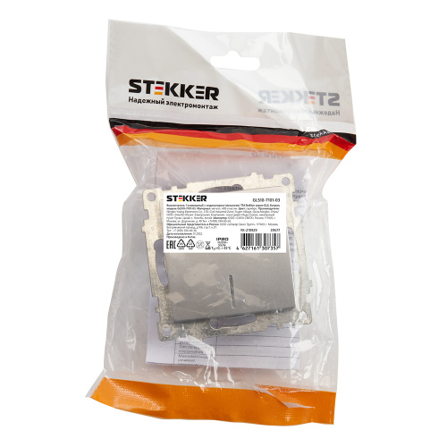 Выключатель 1-клавишный c индикатором (механизм) STEKKER GLS10-7101-03, 250В, 10А, серия Катрин, серебро фото 2