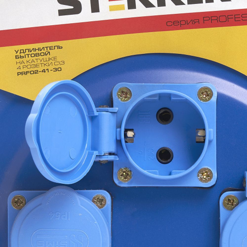 Удлинитель на металлической катушке с/з 4-местный Stekker, PRF02-41-30, 30м, 3*2,5, серия Professional, синий фото 4
