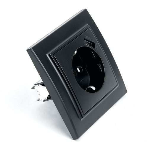 Розетка 1-местная c/з и с USB STEKKER, PST16-9011-03, 250В, 16А, с защитной шторкой, серия Эрна, черный фото 2