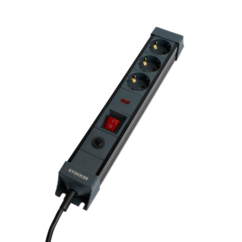 Сетевой фильтр 3-местный с/з STEKKER 3x1мм2, 5 м, 250В, 16А, серия Techno, HM22-31-05, черный