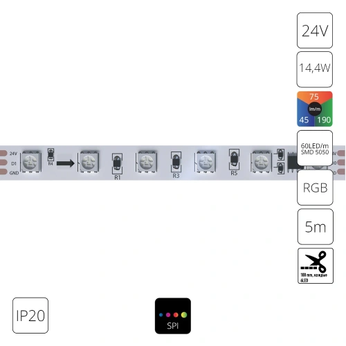 Светодиодная лента 24V 14,4W/m (на канал 4,8W/m) RGB 5м IP20 Arte Lamp SPI A2406010-05-RGB