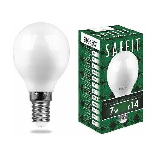 Лампа светодиодная SAFFIT SBG4507 Шарик E14 7W 230V 4000K Лампа светодиодная SAFFIT SBG4507 Шарик E14 7W 230V 4000K