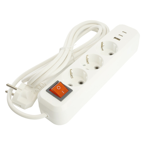 Удлинитель 3-местный с/з с выключ. STEKKER HM071-31-02 3x1мм2, 2м, 250В, 16А, 1USB+2C, 2.4A, сер Home, белый фото 2