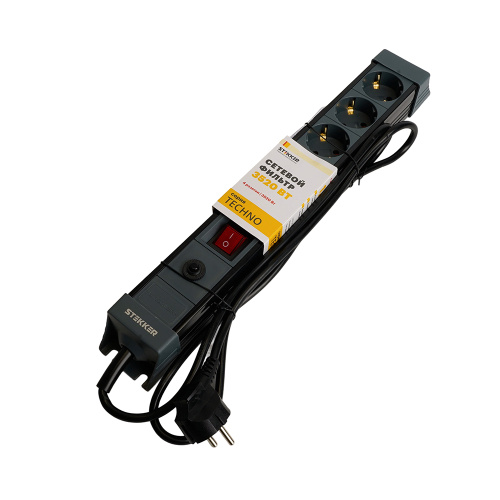 Сетевой фильтр 4-местный с/з STEKKER 3x1мм2, 3 м, 250В, 16А, серия Techno, HM22-41-03, черный фото 10