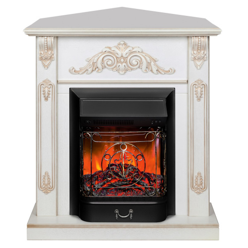 Каминокомплект ANITA CORNER/АНИТА УГЛ. Белый дуб с золотой патиной с очагом Электроочаг MAJESTIC LUX/МАДЖЕСТИК