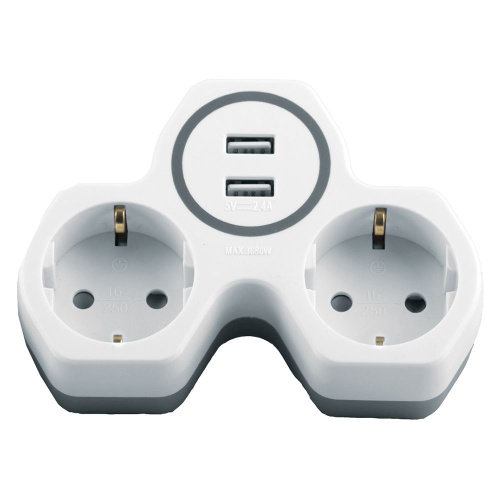 Разветвитель сетевой 2-местный с/з STEKKER ADP16-14-20, 250V, 16A и 2-мя USB выходами на 2,4А, огнеустойчивый пластик, белый/серый