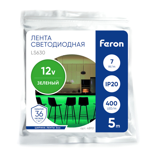 Светодиодная COB лента Feron LS630, 400SMD(2110)/ 7Вт/м 12V 5000*3*1.8мм зеленый, IP20 фото 5