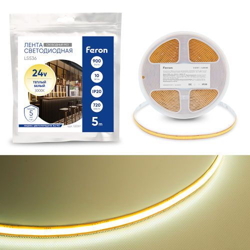 Лента светодиодная 720SMD(2110) 10Вт/м 24V 5000*8*1.8мм IP20 3000К, LS536 FERON СВОБОДНЫЙ РЕЗ Лента светодиодная 720SMD(2110) 10Вт/м 24V 5000*8*1.8мм IP20 3000К, LS536 FERON СВОБОДНЫЙ РЕЗ