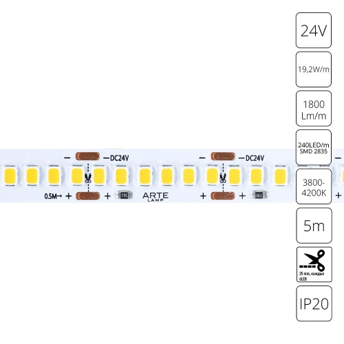 Светодиодная лента 24V 19,2W/m 4000К 5м Arte Lamp TAPE A2424010-02-4K Светодиодная лента 24V 19,2W/m 4000К 5м Arte Lamp TAPE A2424010-02-4K