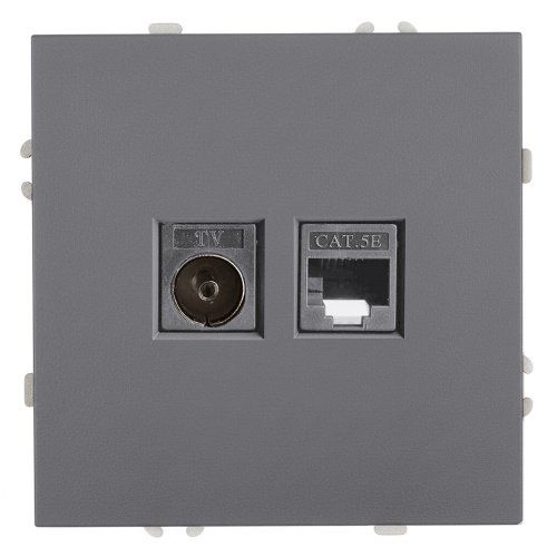 Розетка TV + компьютерная RJ-45 (механизм), STEKKER, серия Эмили, RST00-5106-10, платиново-серый, soft touch