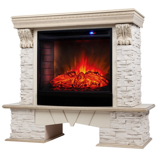 Каминокомплект ROCKLAND LUX/ЧЕЛСИ ЛЮКС Белый дуб с золотой патиной с очагом Электроочаг EVRIKA 25.5 фото 2