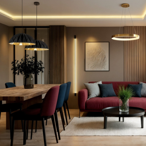 Светильник подвесной RAYDIA, 60 Вт, 3000–4000К, ?800?1500 мм, металл+акрил, матовое золото, свет вверх/вниз фото 7