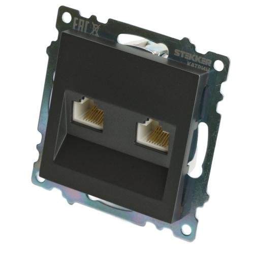 Розетка компьютерная 2-местная RJ-45 (механизм) STEKKER GLS00-7109-06 , серия Катрин, графит фото 2