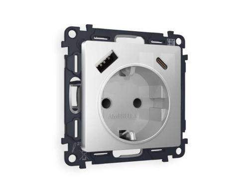 Комплект механизма электрической розетки AMBRELLA VOLT ALFA Серебро глянец 2USB A+C 20W (быстрая зарядка) с/з QUANT (AP4100, VM160) MA410010 Комплект механизма электрической розетки AMBRELLA VOLT ALFA Серебро глянец 2USB A+C 20W (быстрая зарядка) с/з QUANT (AP4100, VM160) MA410010