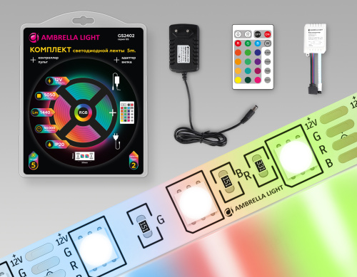 Комплект светодиодной ленты 12В 5050 60Led 14.4Вт/м Цветная RGB IP20 5м Комплект светодиодной ленты 12В 5050 60Led 14.4Вт/м Цветная RGB IP20 5м