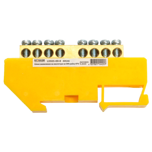 Шина"PE" на изоляторе STEKKER 6*9 на DIN-рейку 8 выводов, желтый, LD555-69-8 фото 3